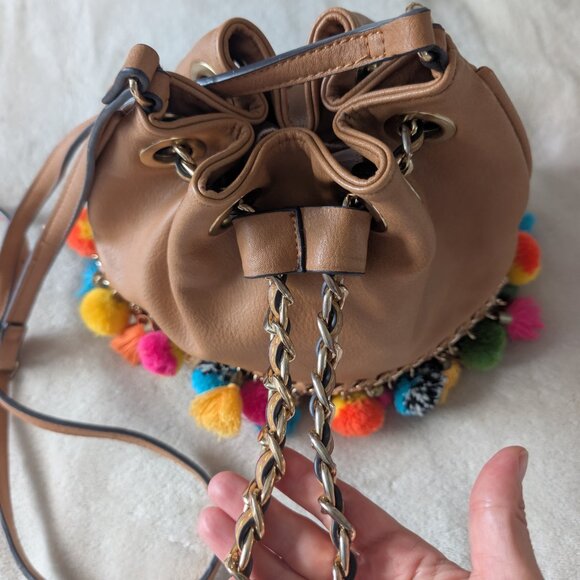 ALDO pom pom tassel bucket purse - tan and colorful - Picture 3 of 12